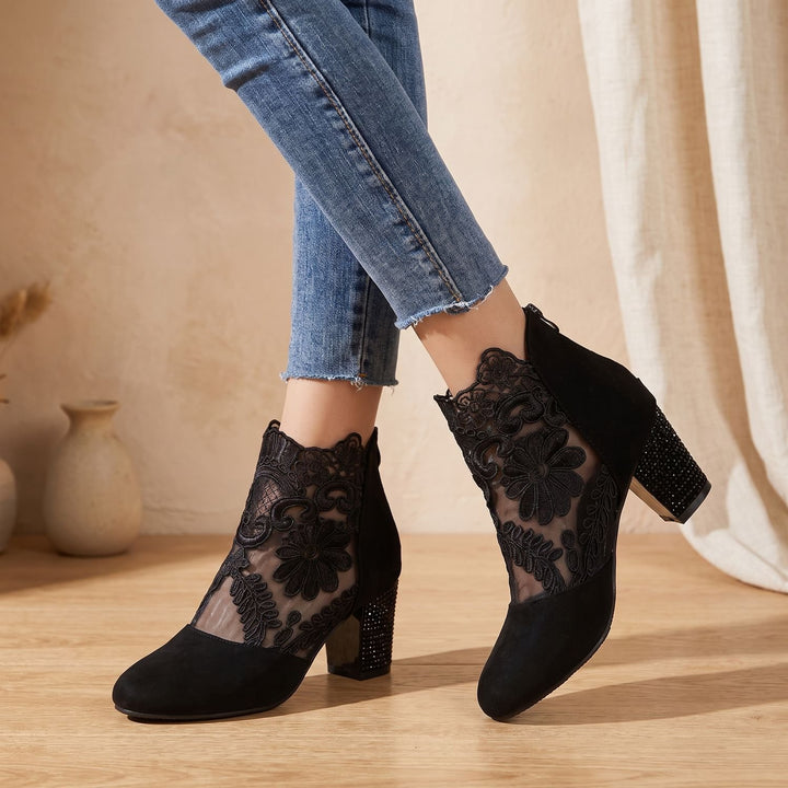 Women's Floral Lace-Panel Block-Heel Ankle Booties