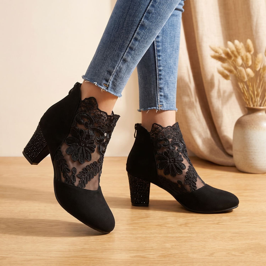 Women's Floral Lace-Panel Block-Heel Ankle Booties - Black