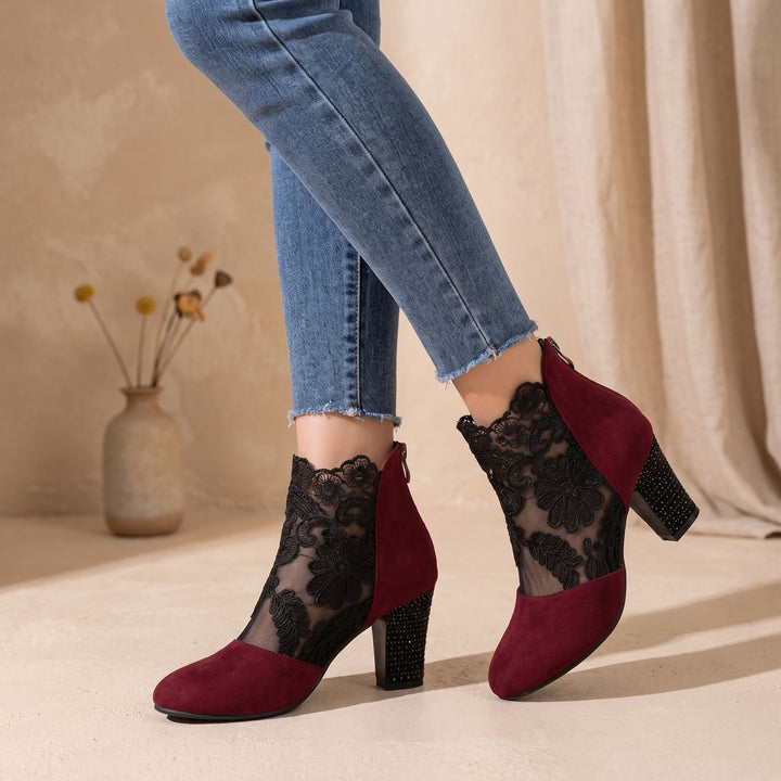Women's Floral Lace-Panel Block-Heel Ankle Booties
