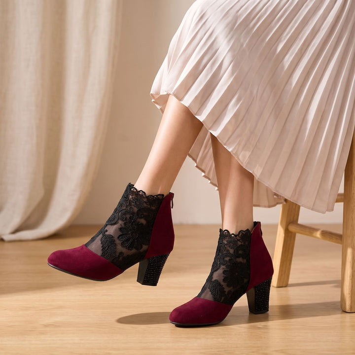 Women's Floral Lace-Panel Block-Heel Ankle Booties