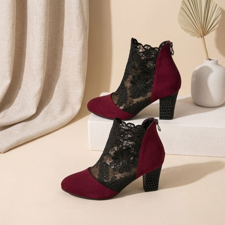 Women's Floral Lace-Panel Block-Heel Ankle Booties