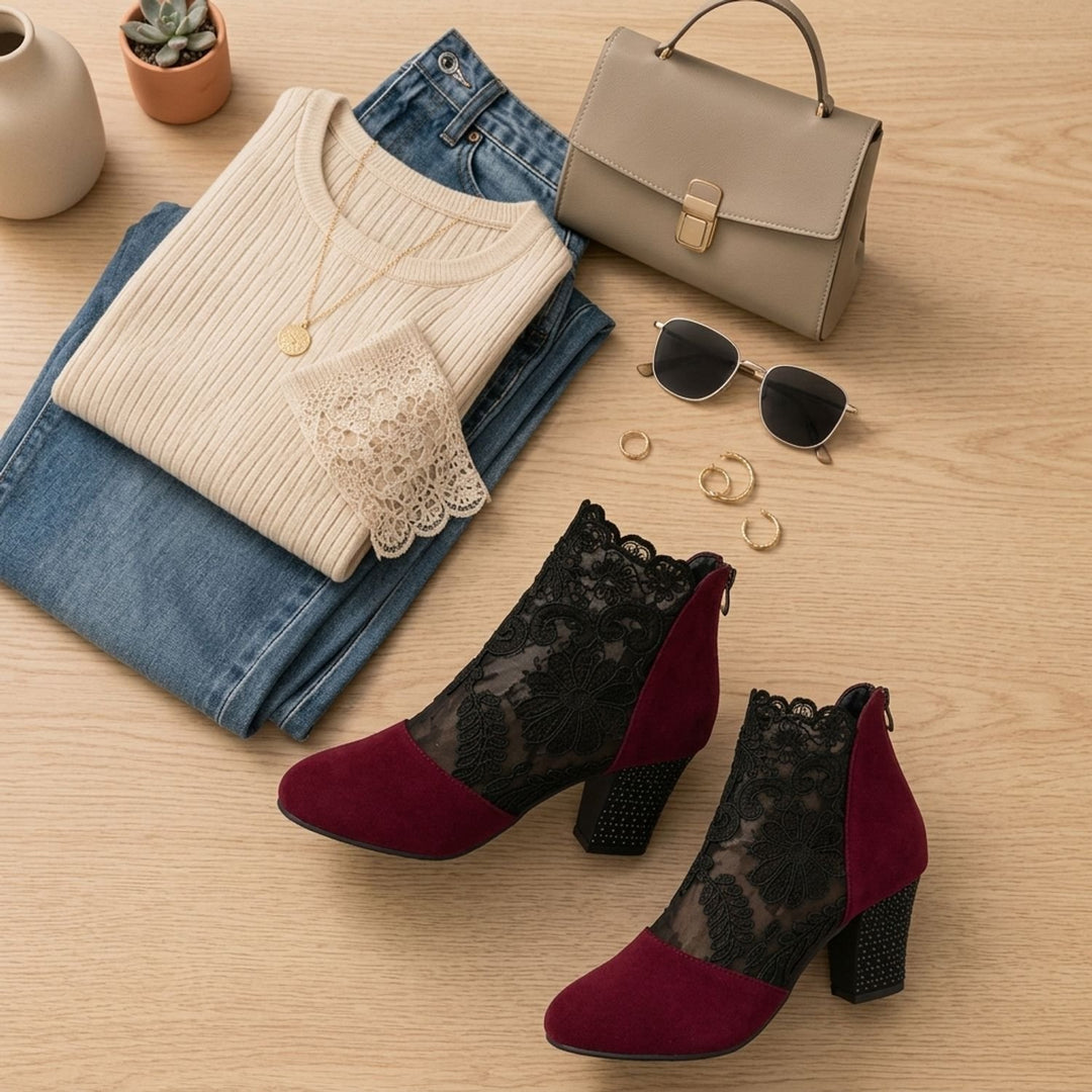 Women's Floral Lace-Panel Block-Heel Ankle Booties