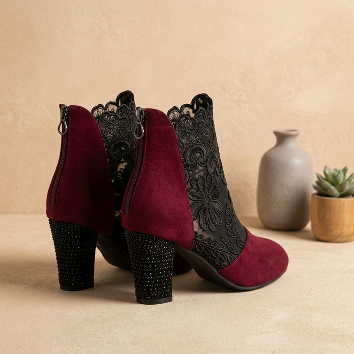 Women's Floral Lace-Panel Block-Heel Ankle Booties