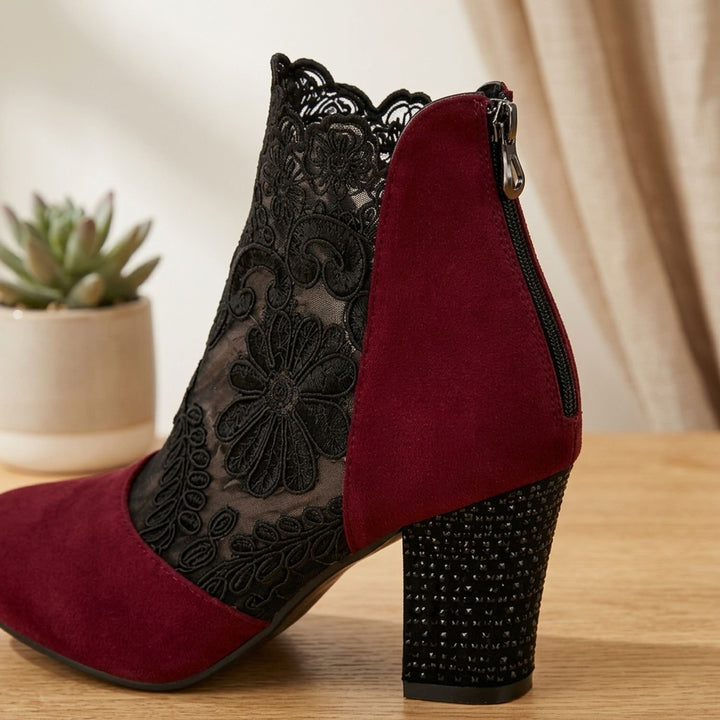 Women's Floral Lace-Panel Block-Heel Ankle Booties