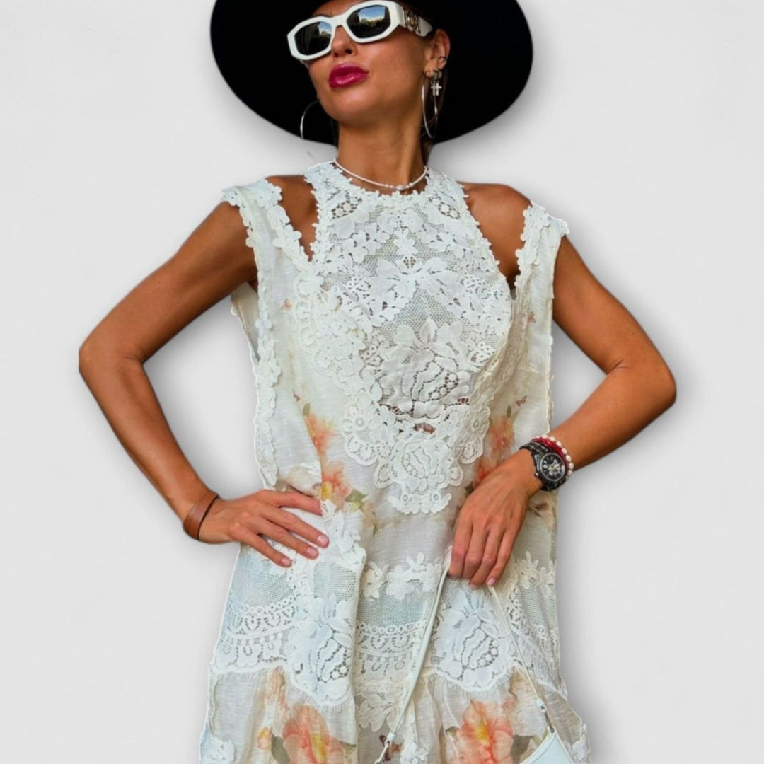Women's Floral Lace Sleeveless Side-Slit Maxi Dress