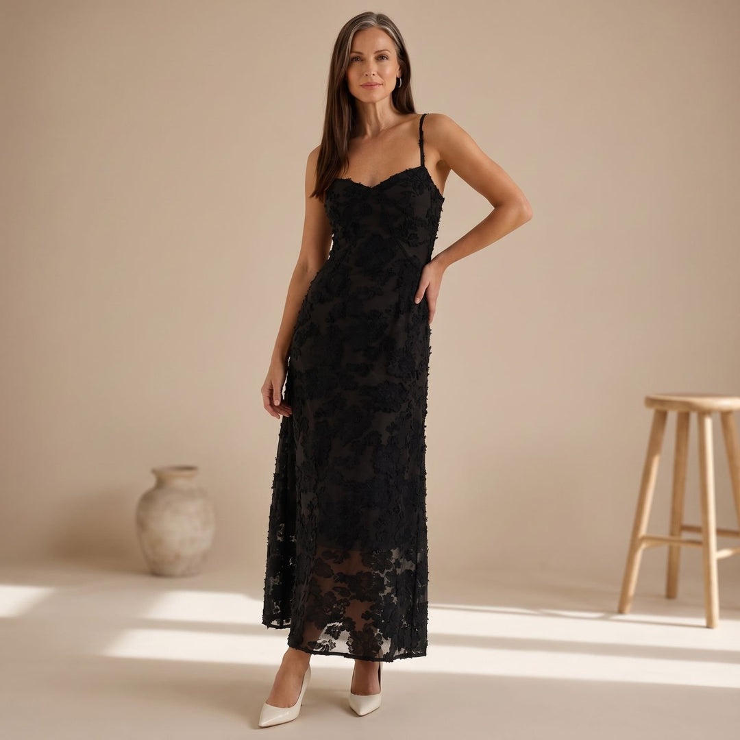 Women's Floral Lace Spaghetti-Strap Maxi Dress - Black