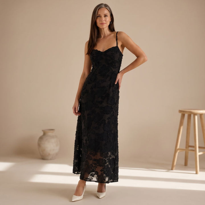 Women's Floral Lace Spaghetti-Strap Maxi Dress - Black