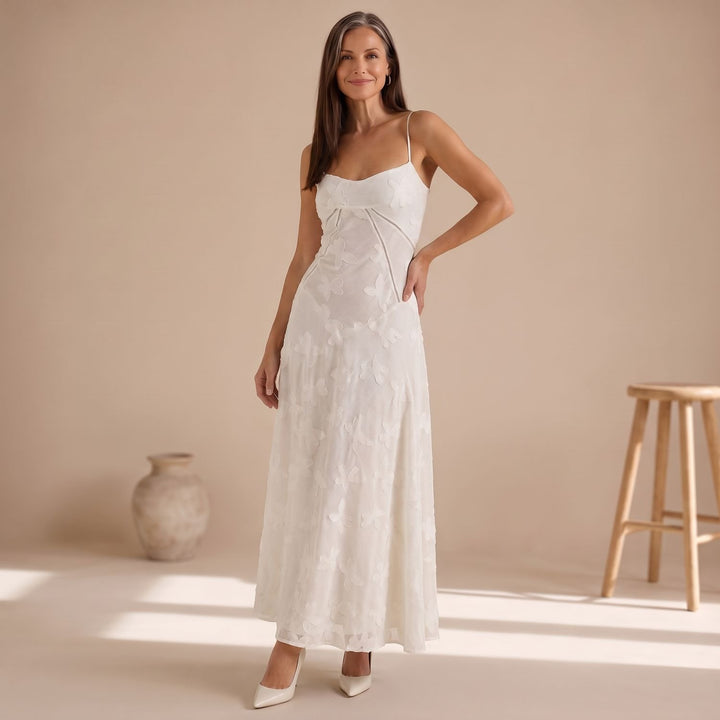 Women's Floral Lace Spaghetti-Strap Maxi Dress - White