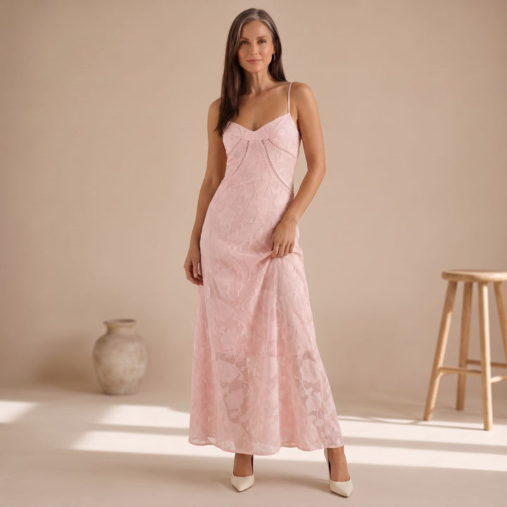 Women's Floral Lace Spaghetti-Strap Maxi Dress - Pink