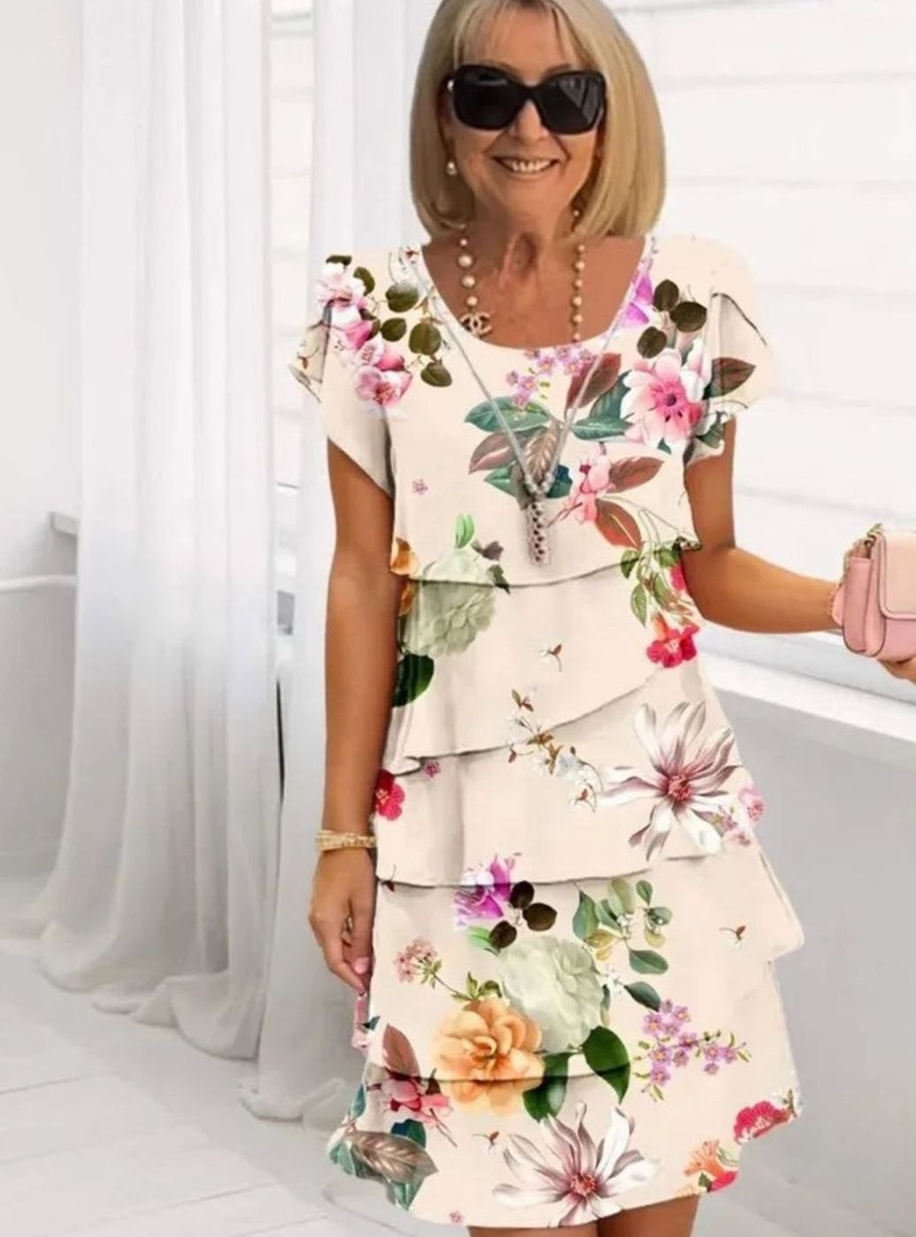 Women's Floral Layered Ruffle Midi Dress - Apricot