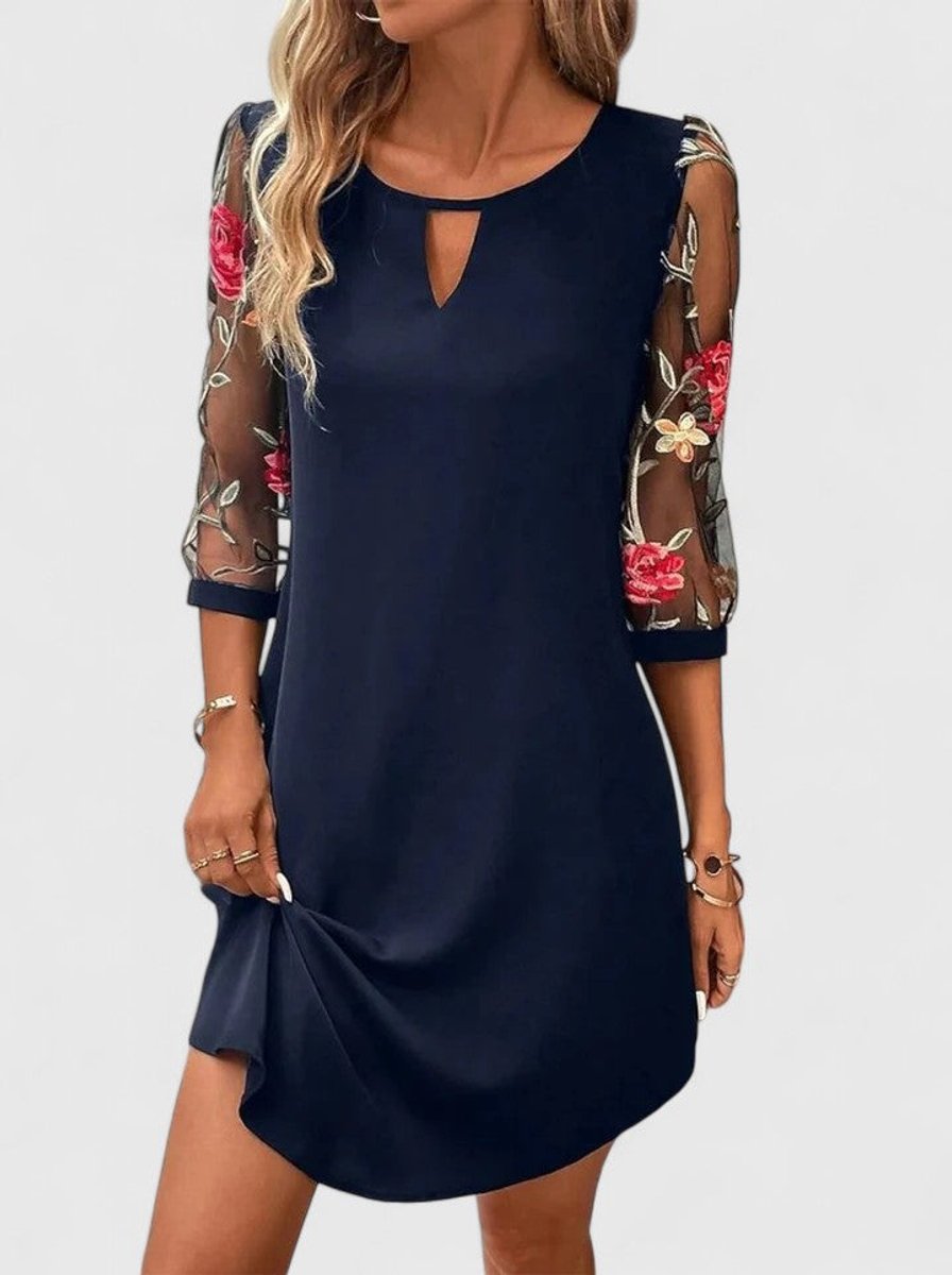 Women's Floral Mesh-Sleeve Keyhole-Neck Shift Mini Dress - Navy Blue