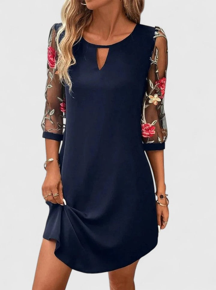 Women's Floral Mesh-Sleeve Keyhole-Neck Shift Mini Dress - Navy Blue