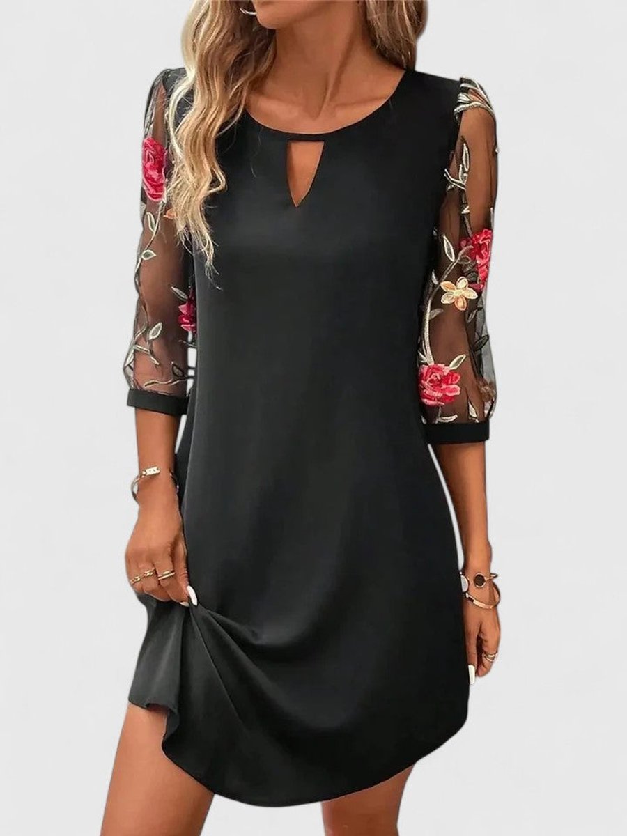 Women's Floral Mesh-Sleeve Keyhole-Neck Shift Mini Dress - Black