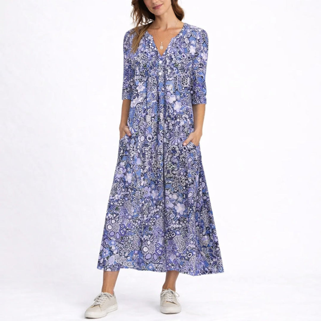 Women's Floral Midi Fall Wedding Guest Dresses V-Neck Relaxed Fit - Blue