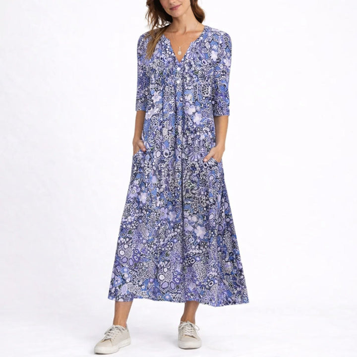 Women's Floral Midi Fall Wedding Guest Dresses V-Neck Relaxed Fit - Blue