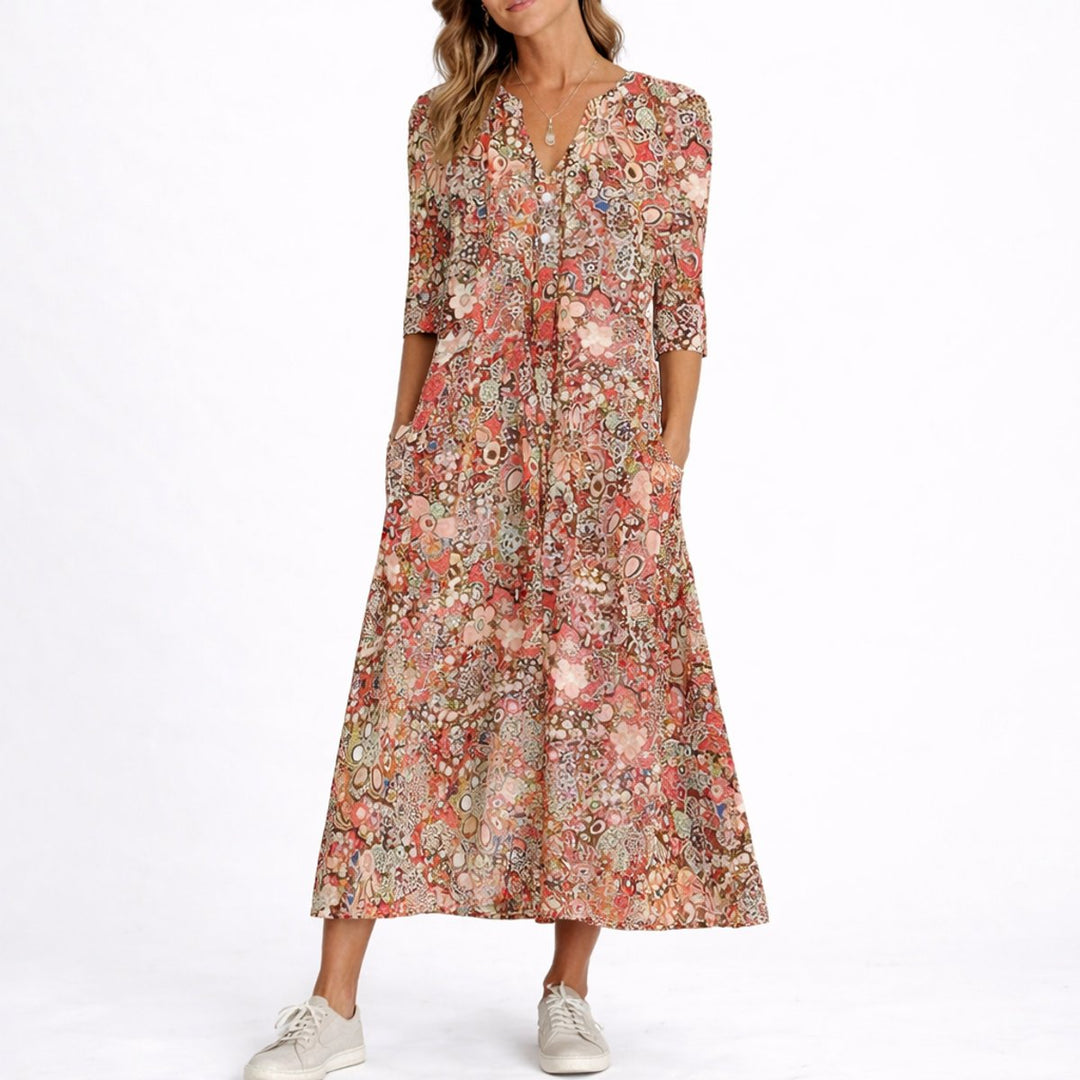 Women's Floral Midi Fall Wedding Guest Dresses V-Neck Relaxed Fit - Red
