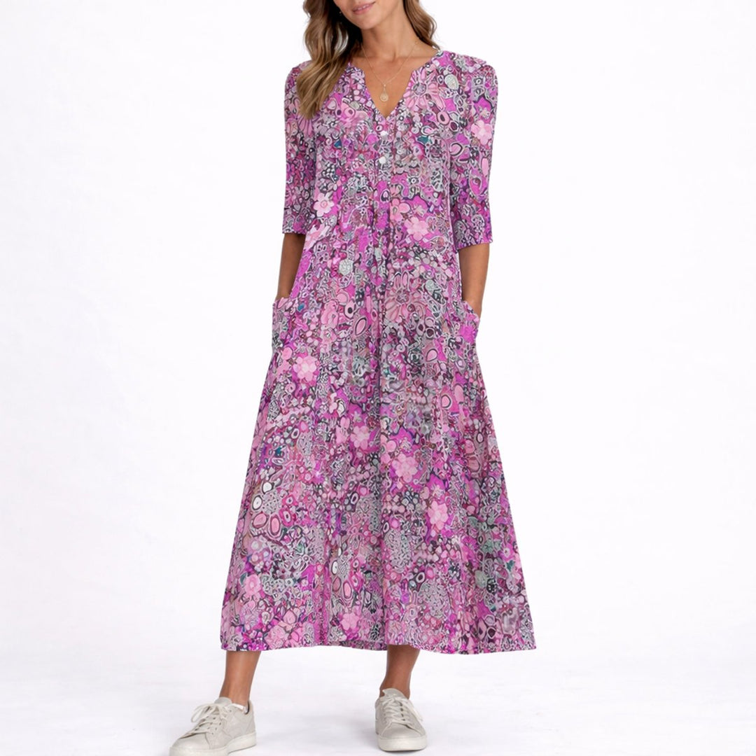 Women's Floral Midi Fall Wedding Guest Dresses V-Neck Relaxed Fit - Purple