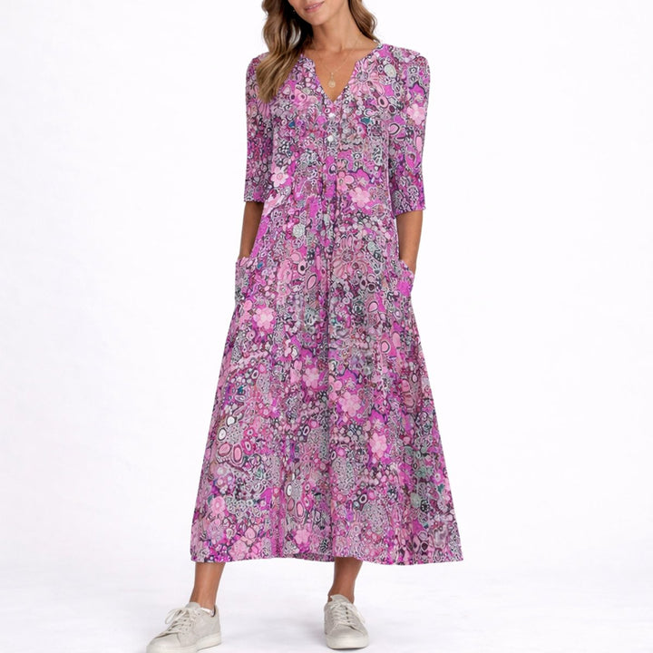 Women's Floral Midi Fall Wedding Guest Dresses V-Neck Relaxed Fit - Purple