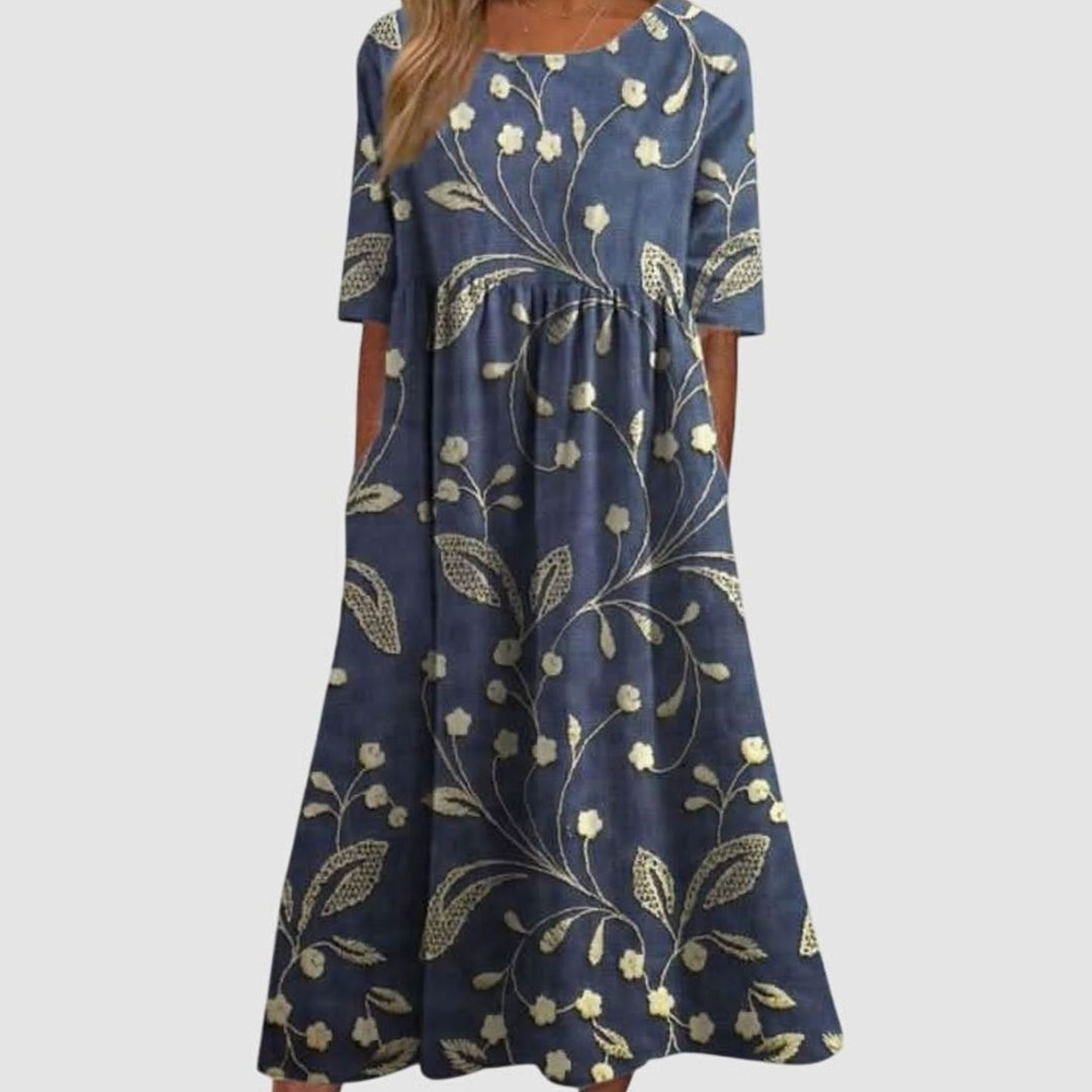 Women's Floral Midi Occasion Dress Relaxed Flowy Silhouette - Navy Blue