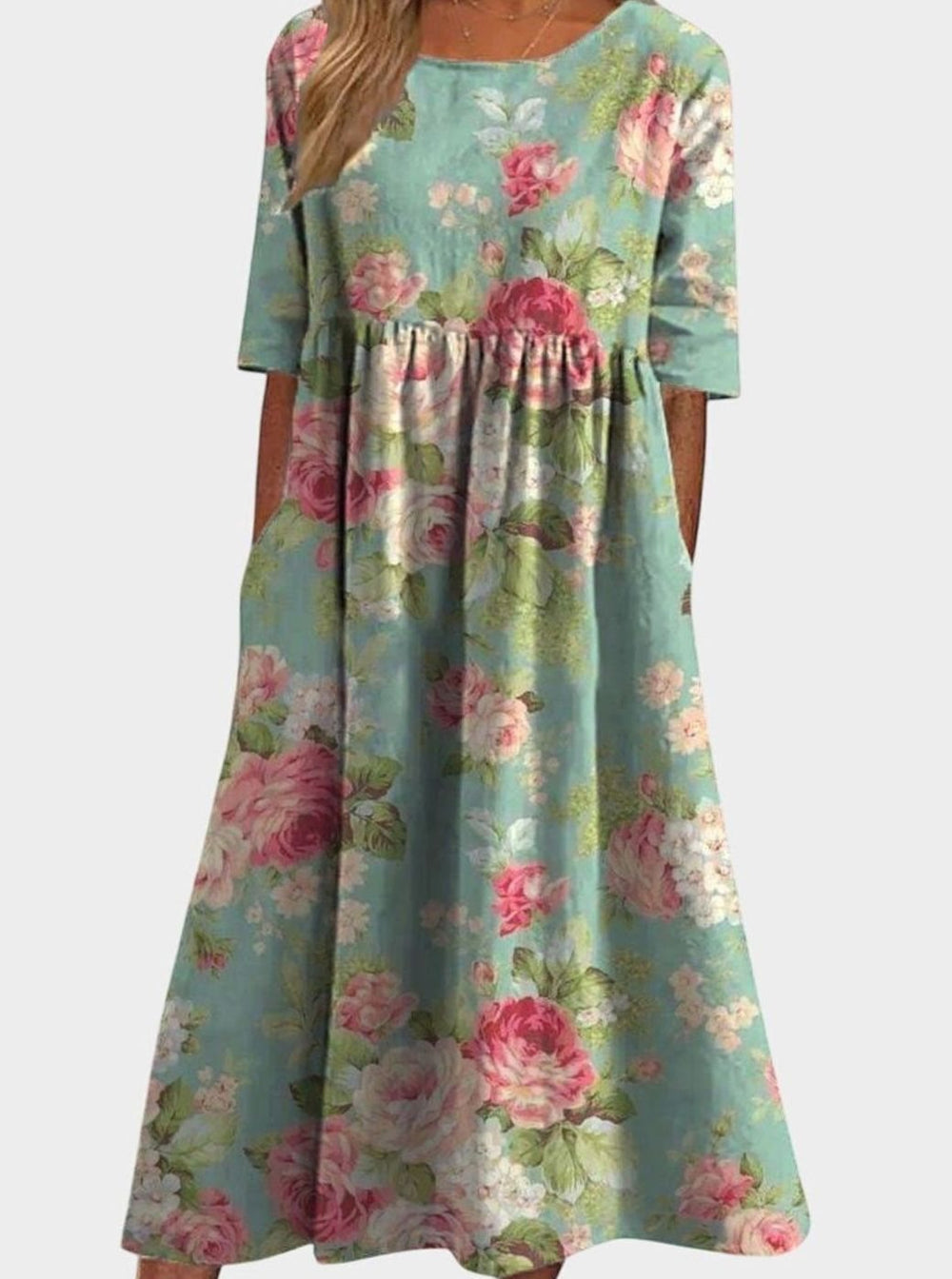 Women's Floral Midi Occasion Dress Relaxed Flowy Silhouette - Mint Green