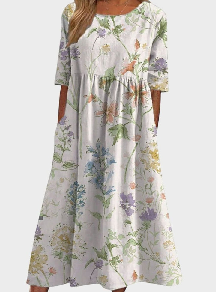 Women's Floral Midi Occasion Dress Relaxed Flowy Silhouette - White