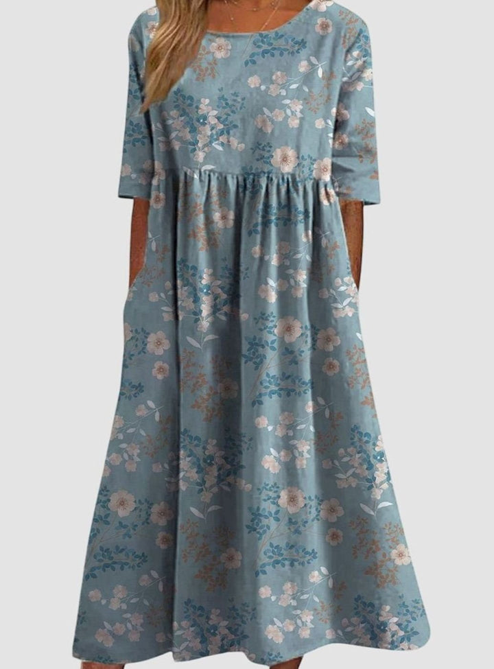 Women's Floral Midi Occasion Dress Relaxed Flowy Silhouette - Light Blue