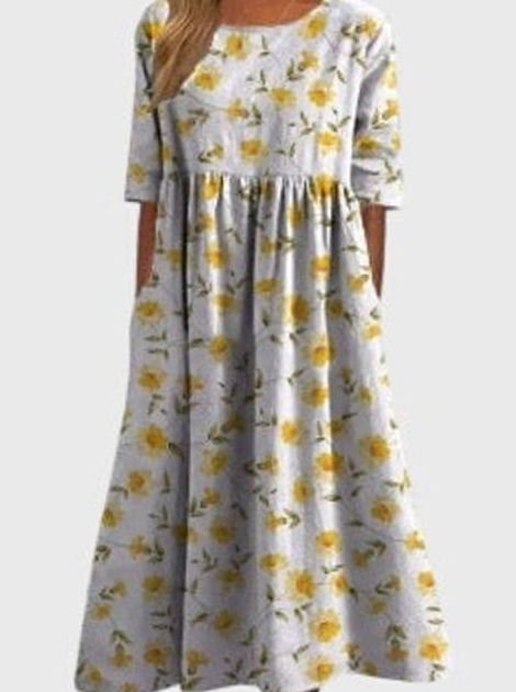 Women's Floral Midi Occasion Dress Relaxed Flowy Silhouette - Light Yellow