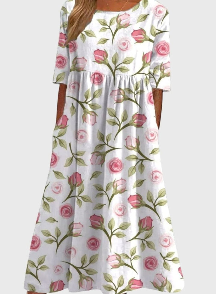 Women's Floral Midi Occasion Dress Relaxed Flowy Silhouette - White Pink