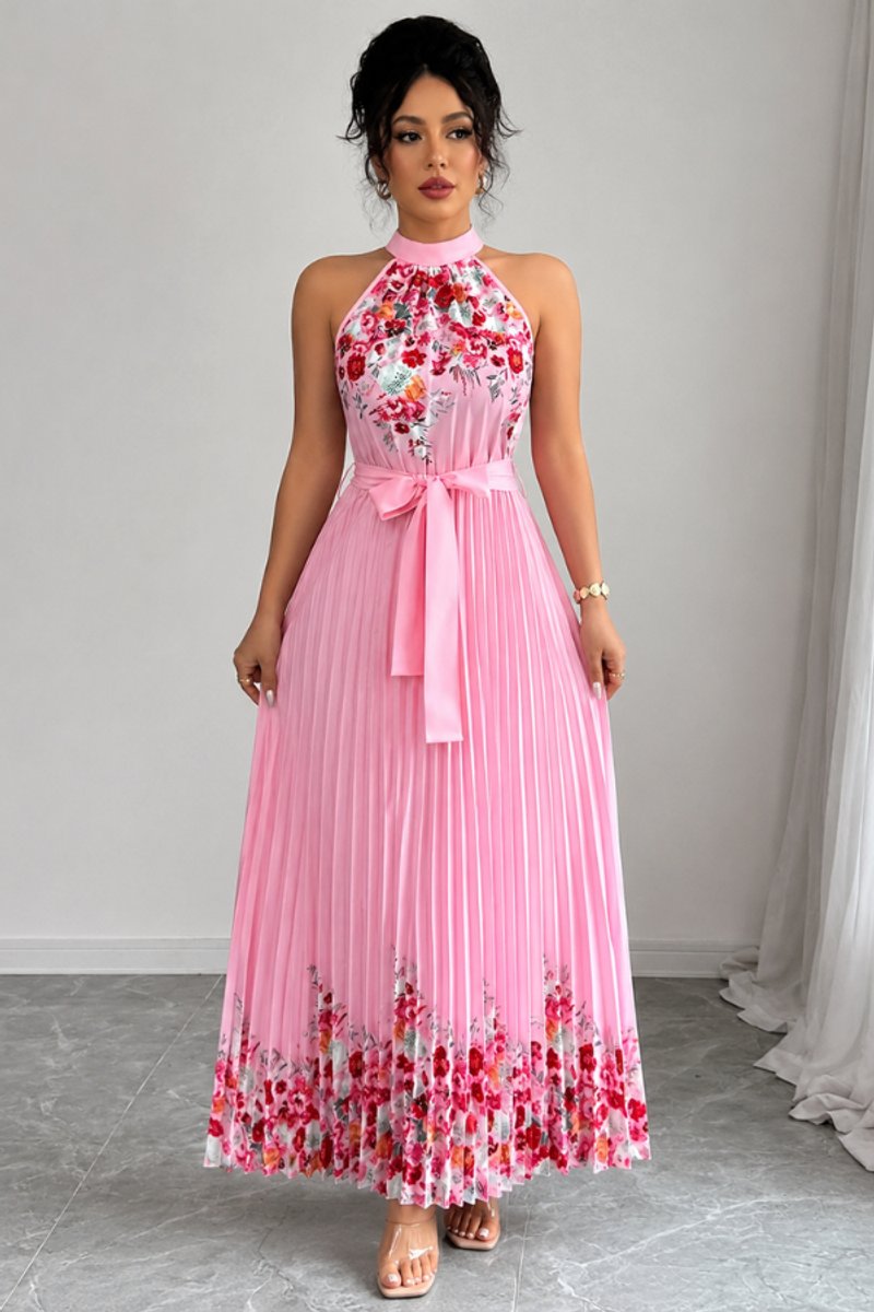 Women's Floral Pleated Halter Evening Gown Midi Dress - Pink