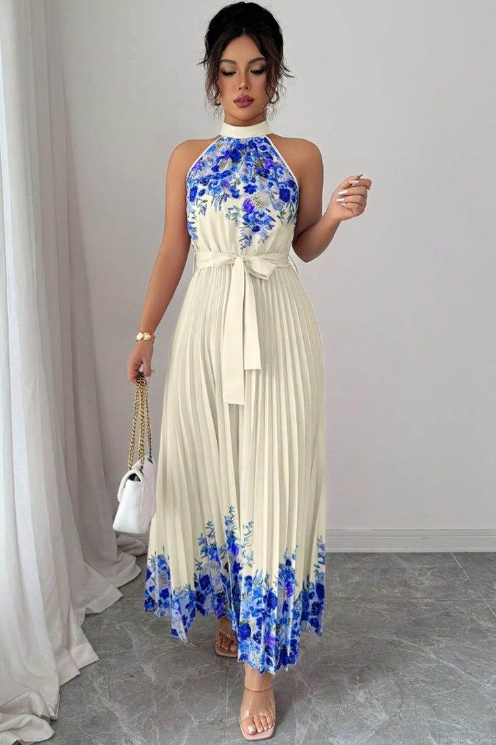 Women's Floral Pleated Halter Evening Gown Midi Dress - Blue Floral