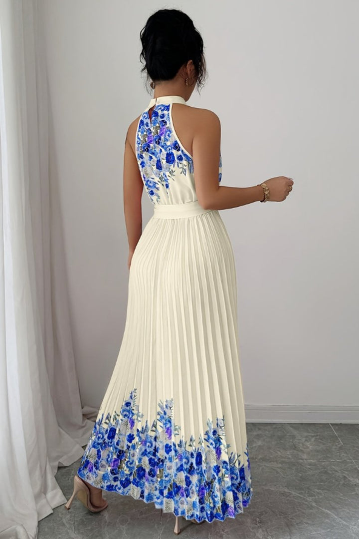 Women's Floral Pleated Halter Evening Gown Midi Dress