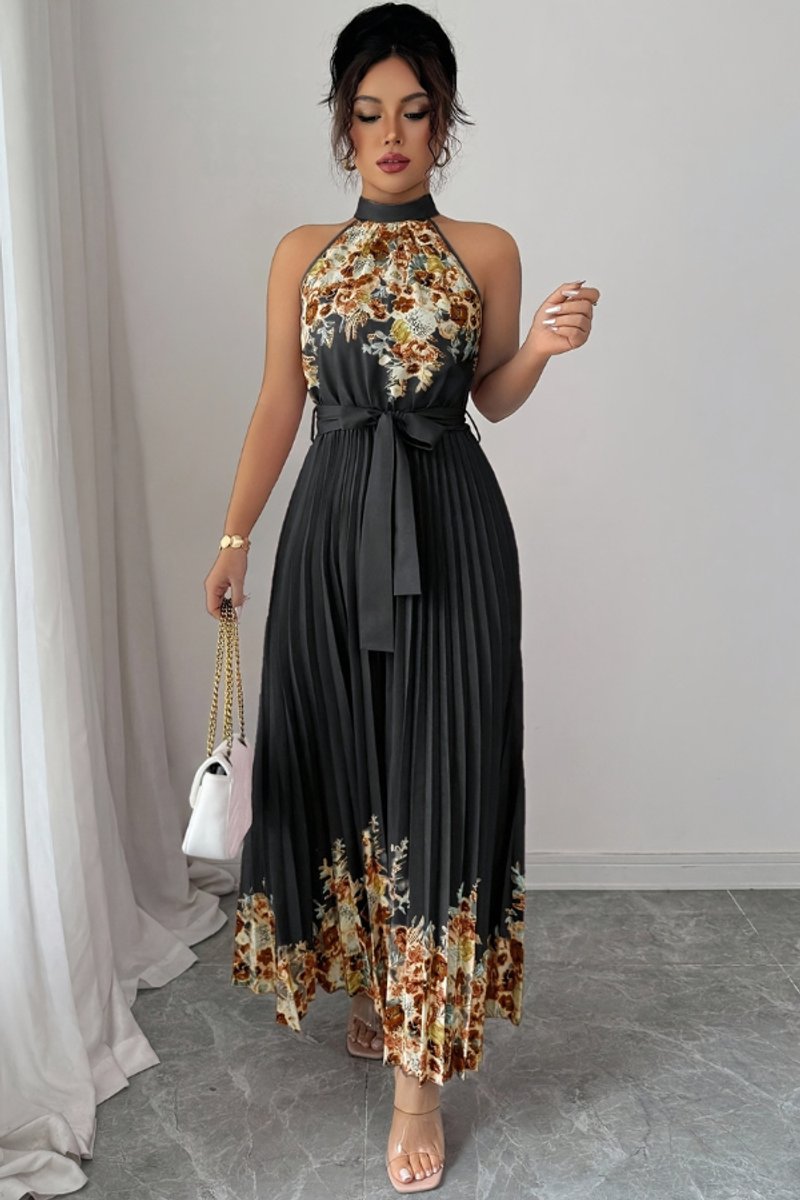 Women's Floral Pleated Halter Evening Gown Midi Dress - Black Bottom Coffee Flower