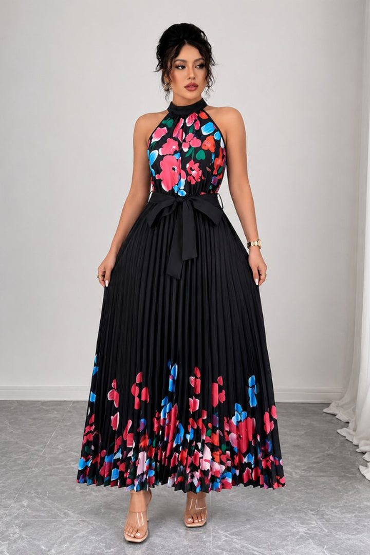 Women's Floral Pleated Halter Evening Gown Midi Dress - Black