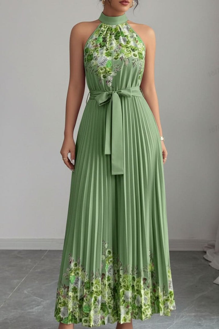 Women's Floral Pleated Halter Evening Gown Midi Dress - Army Green Bottom Yellow Flower