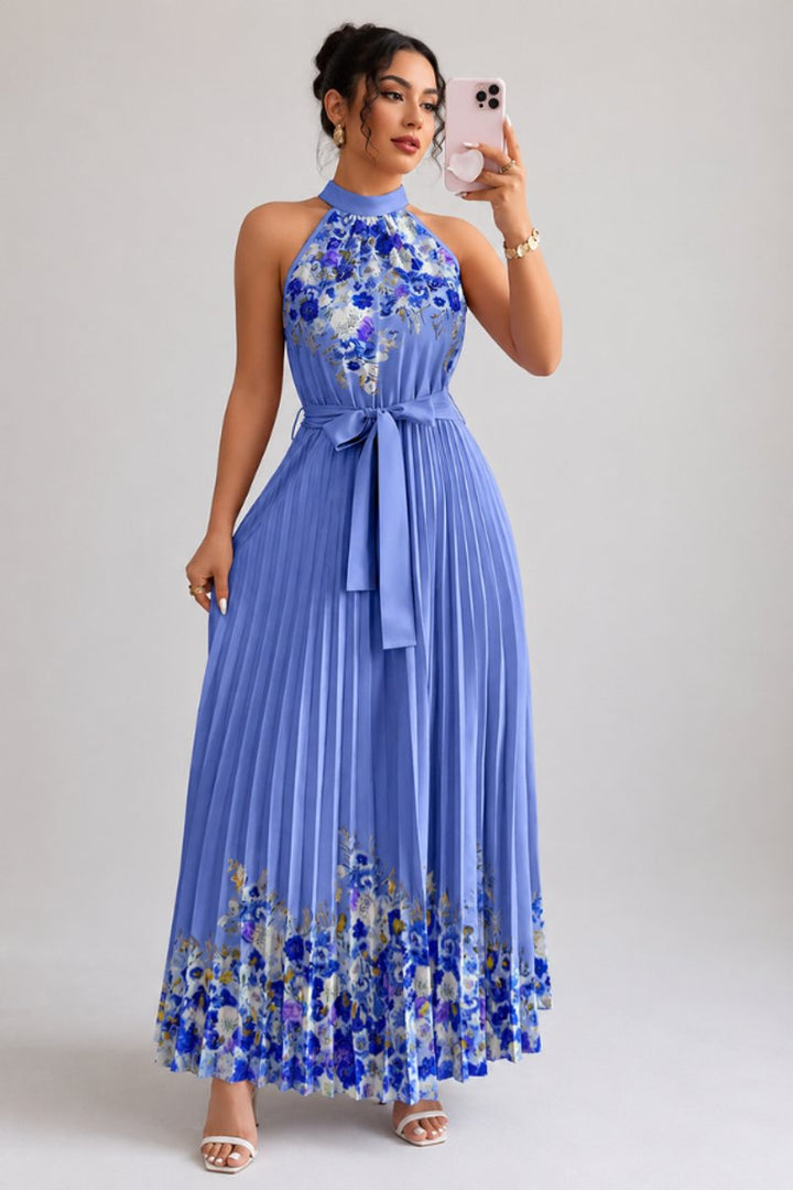 Women's Floral Pleated Halter Evening Gown Midi Dress - Dark Blue