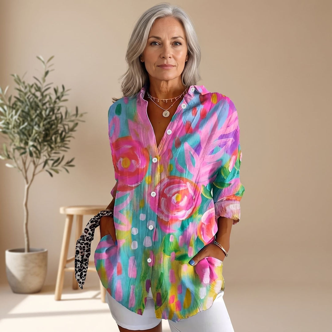 Women's Floral Print Long-Sleeve Button-Down Blouse - Pink