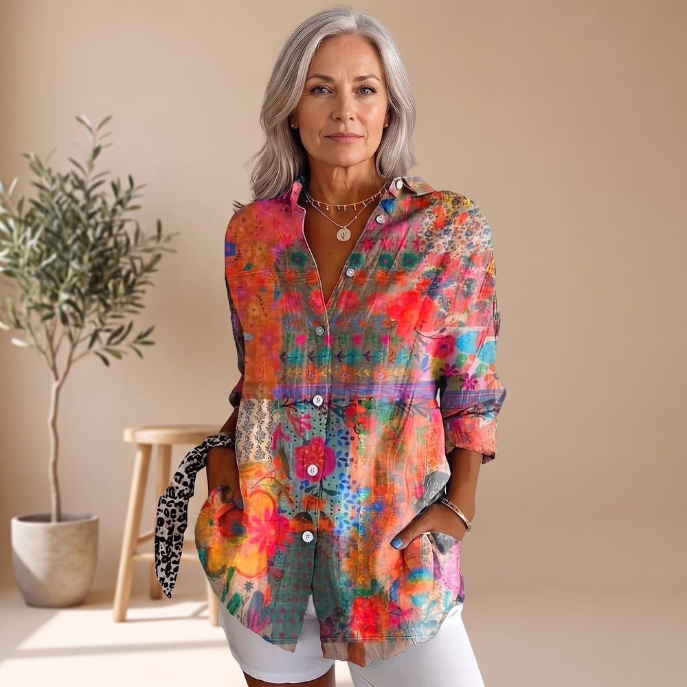 Women's Floral Print Long-Sleeve Button-Down Blouse - Orange