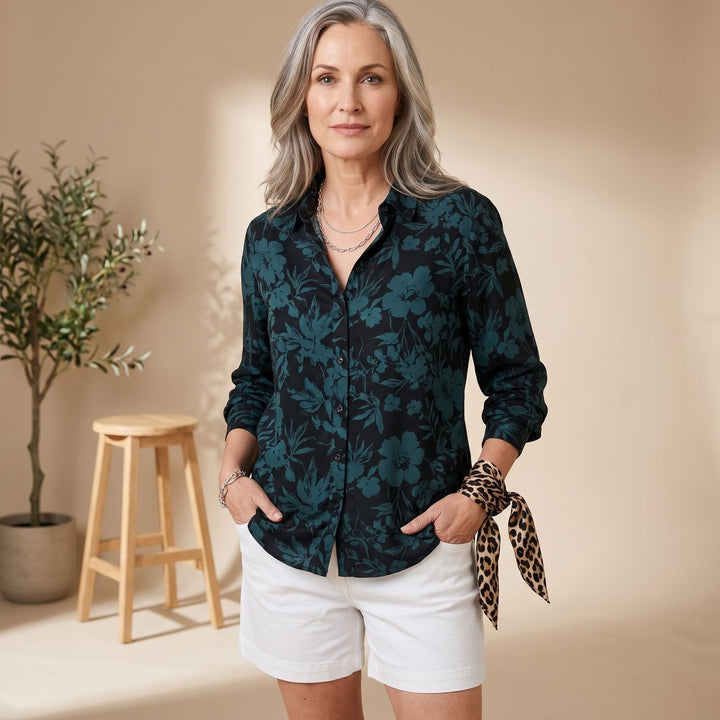 Women's Floral Print Long-Sleeve Button-Down Blouse - Green