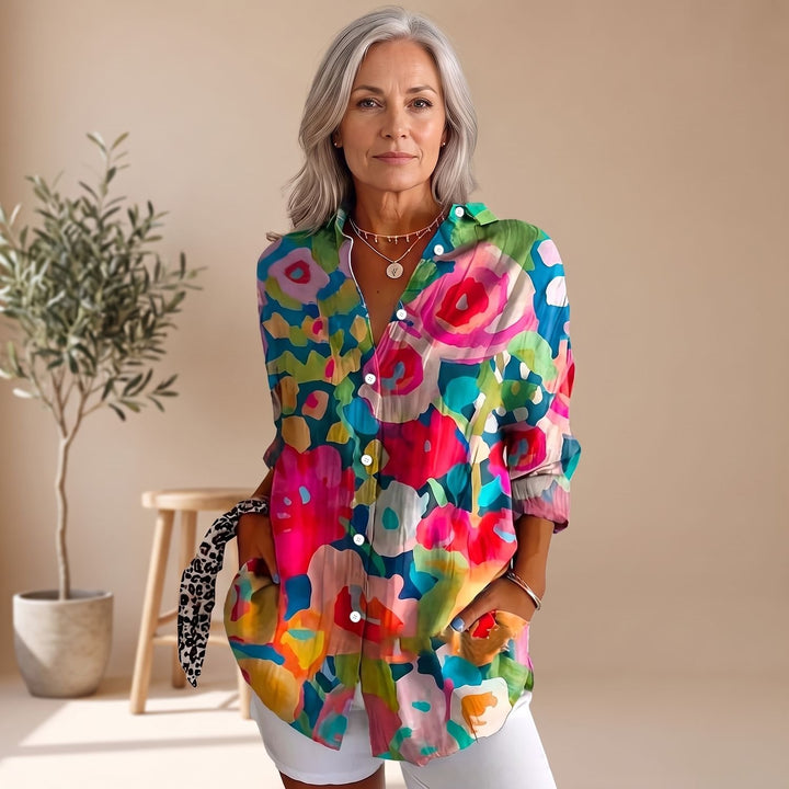 Women's Floral Print Long-Sleeve Button-Down Blouse - Mix