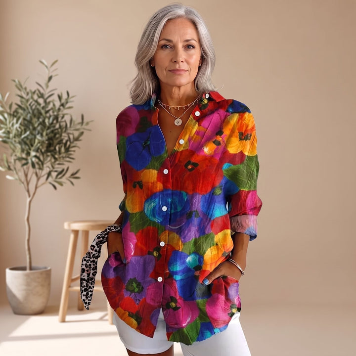 Women's Floral Print Long-Sleeve Button-Down Blouse - Mix 2