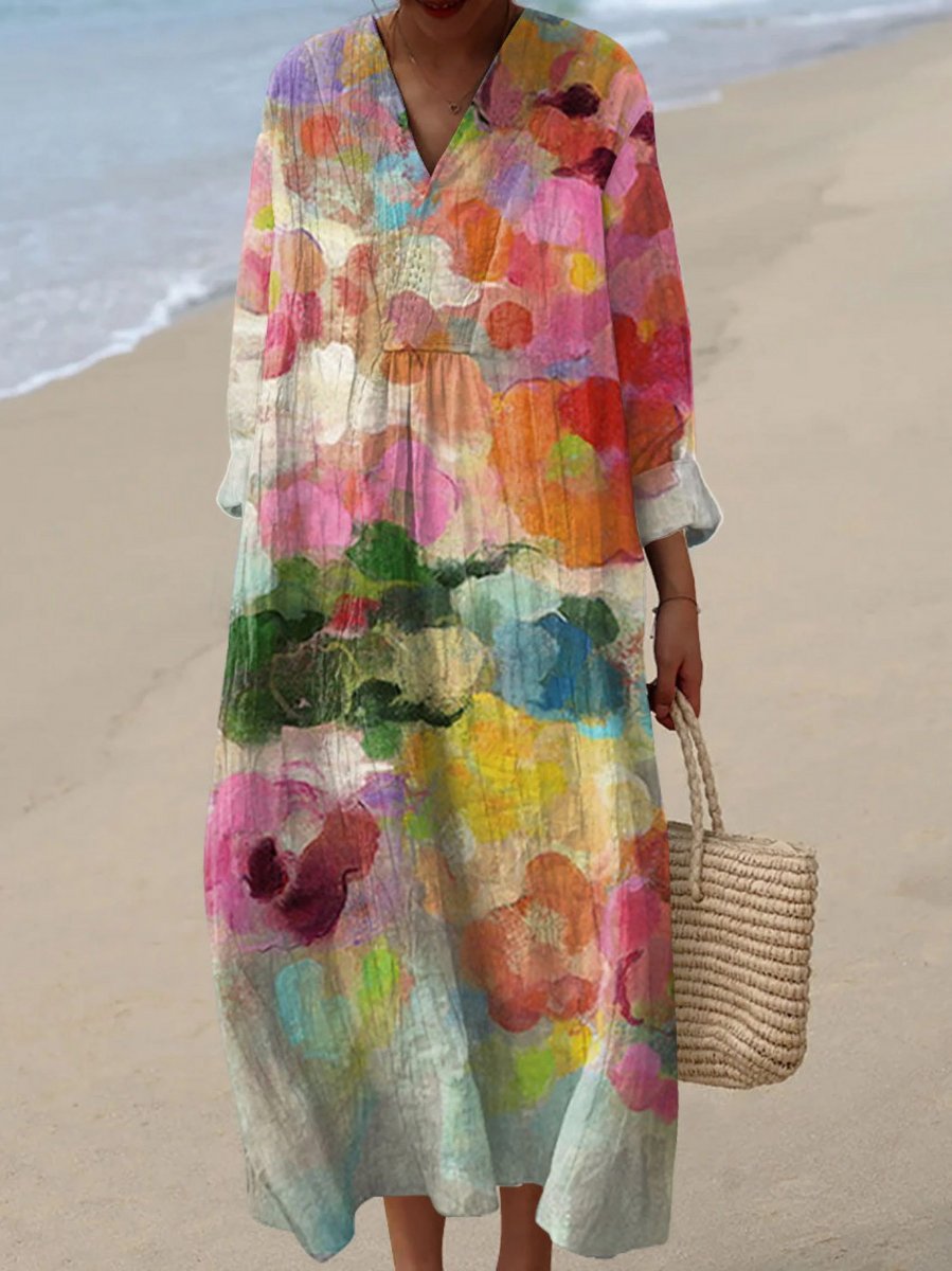 Women's Floral Print Long Sleeve Oversized Dress Maxi - Multicolor