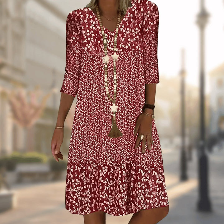 Women's Floral Print V-Neck 3/4 Sleeve Midi Swing Dress - Red