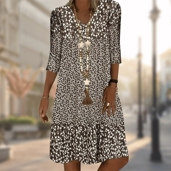 Women's Floral Print V-Neck 3/4 Sleeve Midi Swing Dress - Brown
