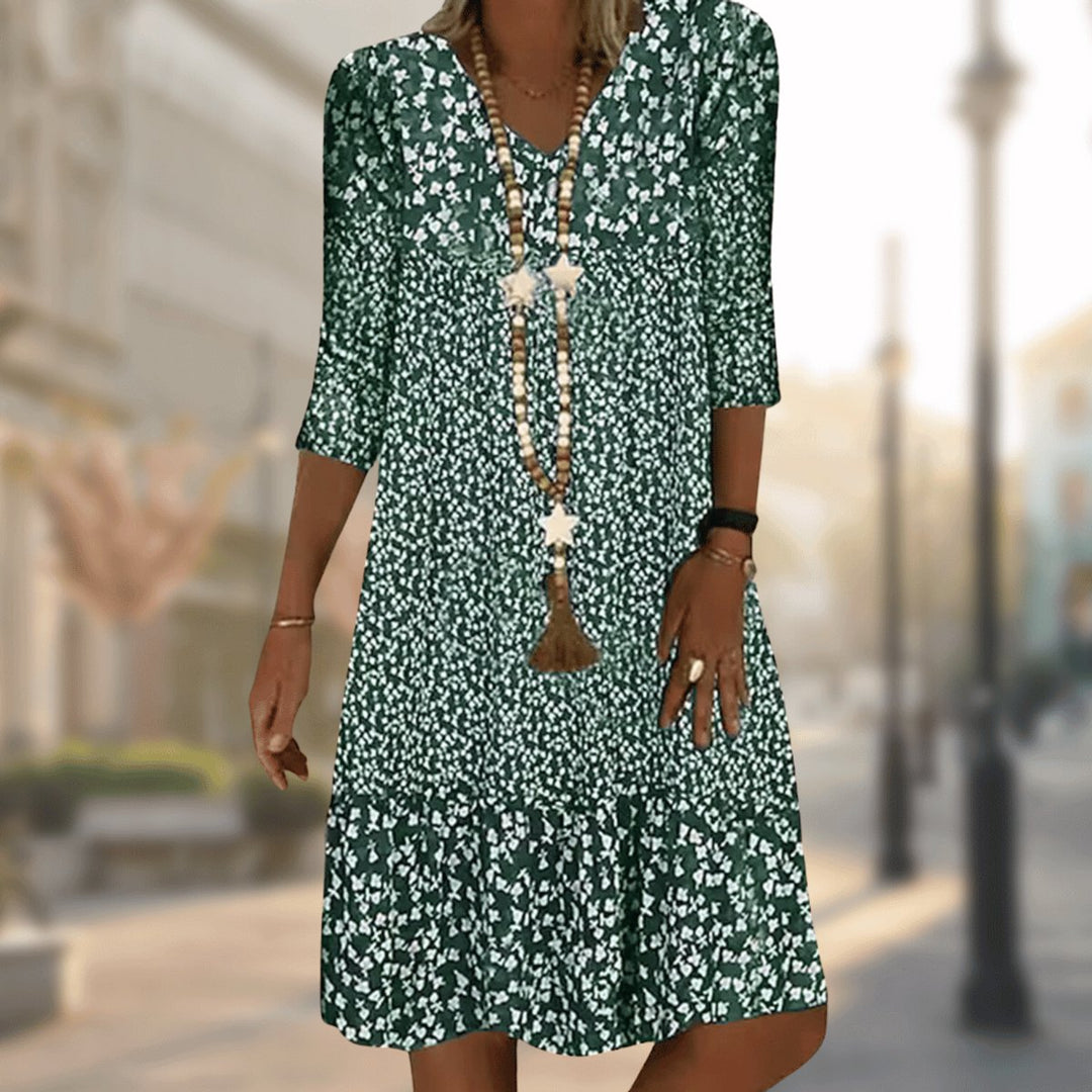 Women's Floral Print V-Neck 3/4 Sleeve Midi Swing Dress - Green