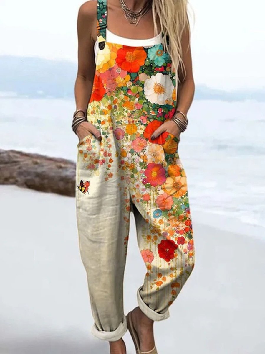 Women's Floral Print Wide Leg Pants Sleeveless Jumpsuit - Multicolor