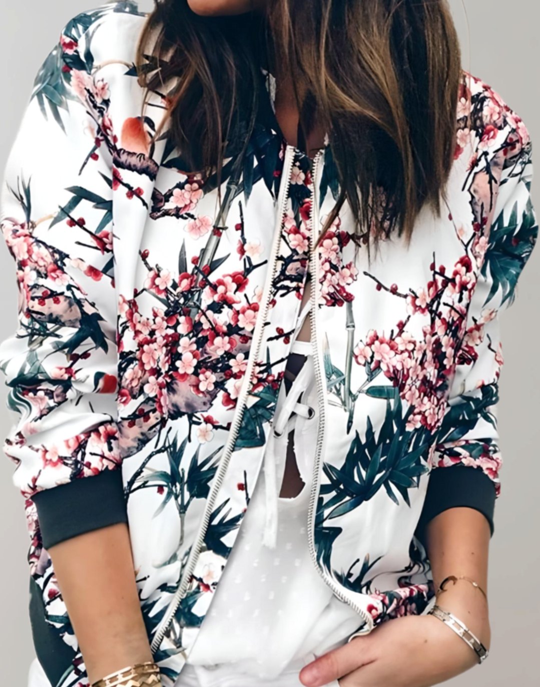 Women's Floral Print Zip-Up Bomber Jacket Ribbed Cuffs - White