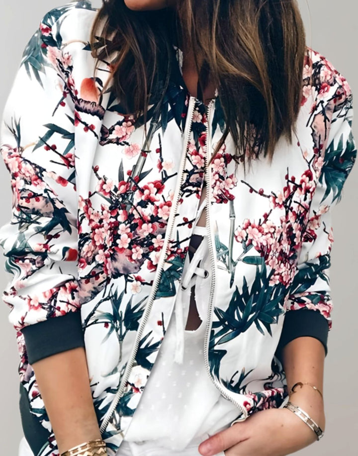 Women's Floral Print Zip-Up Bomber Jacket Ribbed Cuffs - White