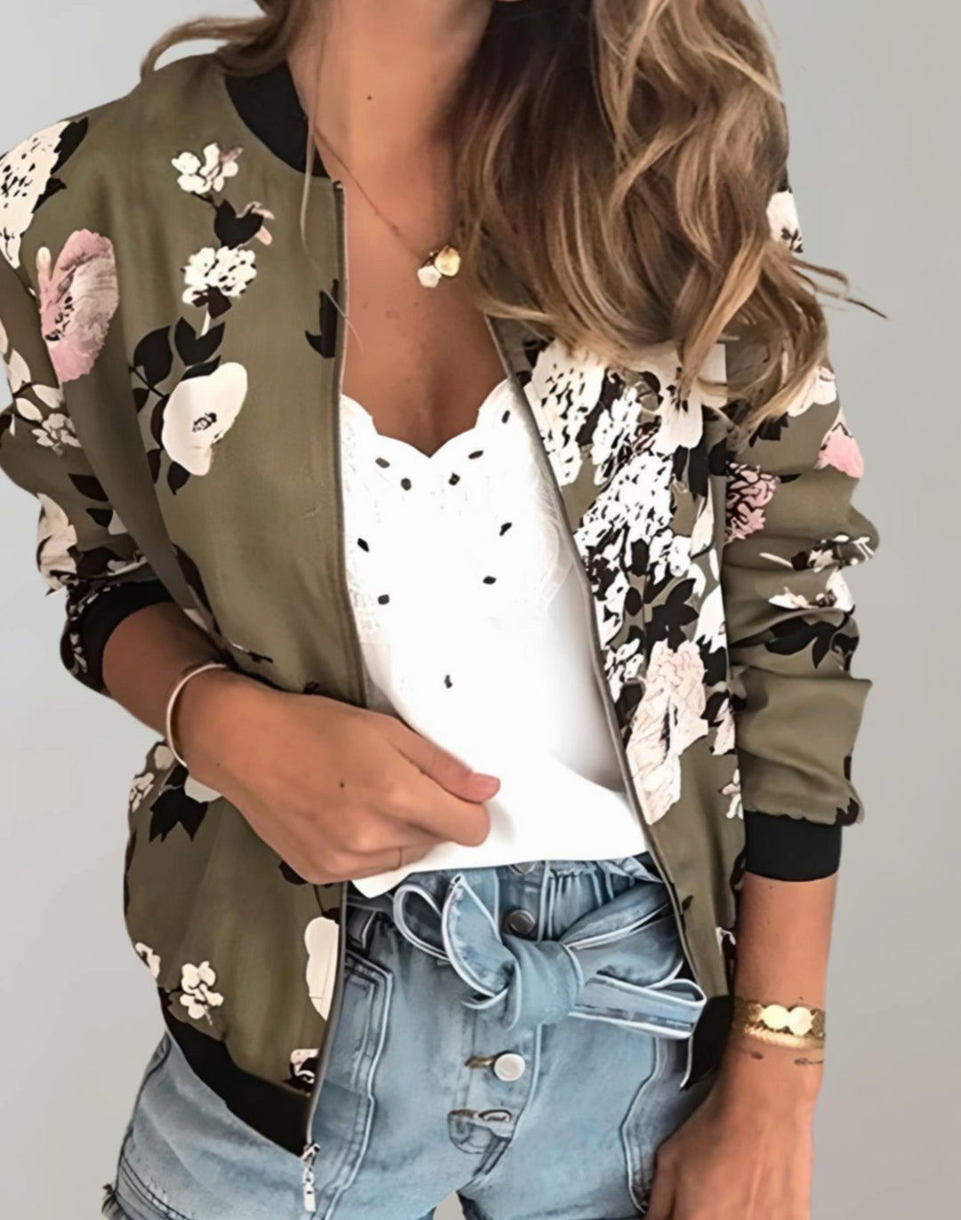 Women's Floral Print Zip-Up Bomber Jacket Ribbed Cuffs - Army Green