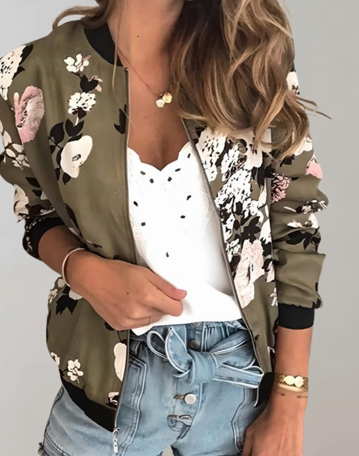 Women's Floral Print Zip-Up Bomber Jacket Ribbed Cuffs - Army Green