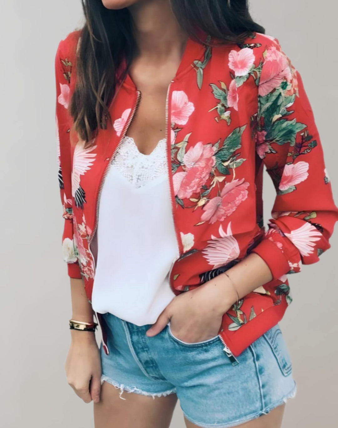 Women's Floral Print Zip-Up Bomber Jacket Ribbed Cuffs - Red